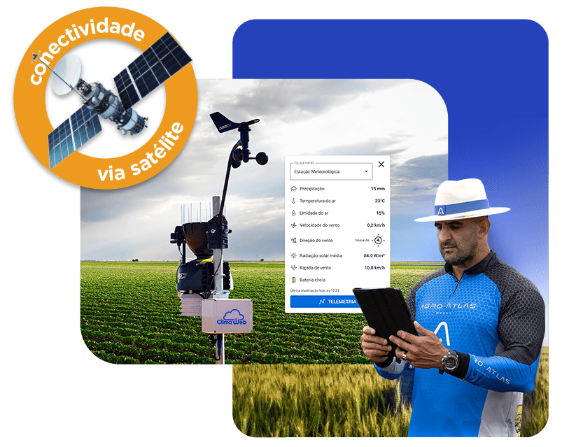 Estação climatica com conectividade via satélite e Agricultor utilizando aplicativo Clima Web