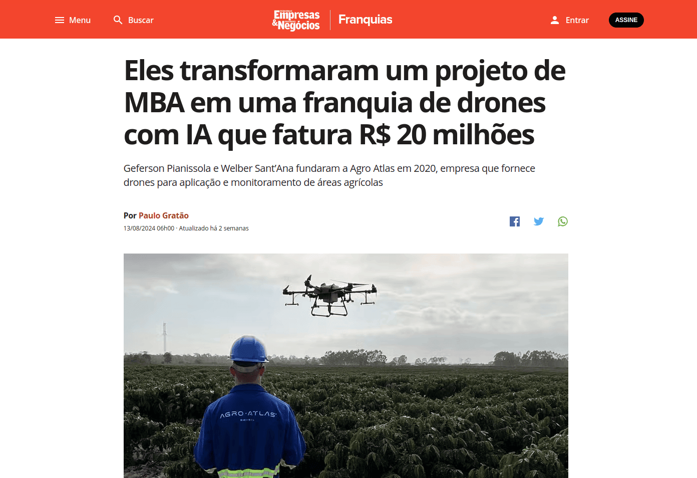 Manchete de notícia Grandes Empresas & Pequenos Negócios - Eles transformaram um projeto de MBA em uma franquia de drones com IA que fatura R$ 20 milhões